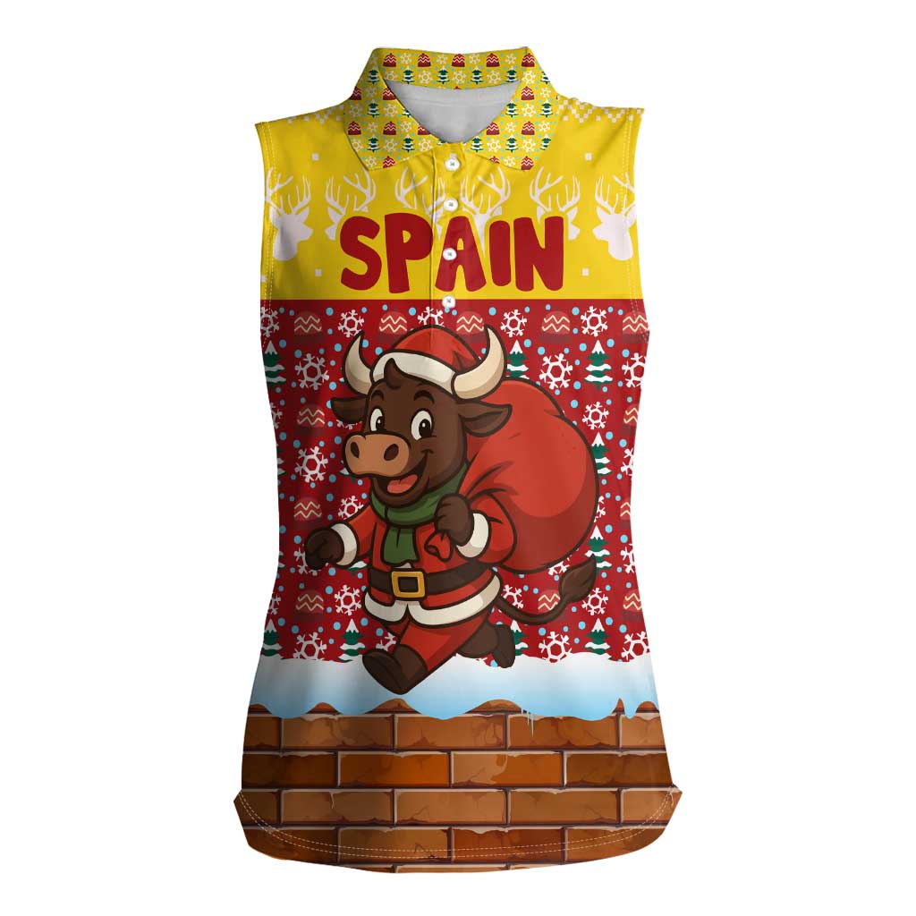 Spain Christmas Women Sleeveless Polo Shirt with Santa Bull Brick Chimney Wreath and Festive Holiday - Wonder Print Shop