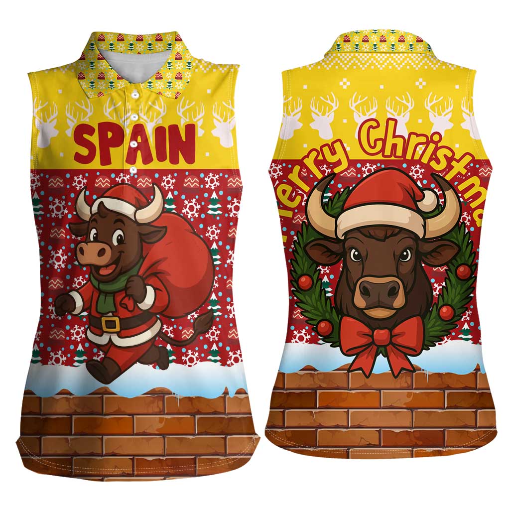 Spain Christmas Women Sleeveless Polo Shirt with Santa Bull Brick Chimney Wreath and Festive Holiday - Wonder Print Shop