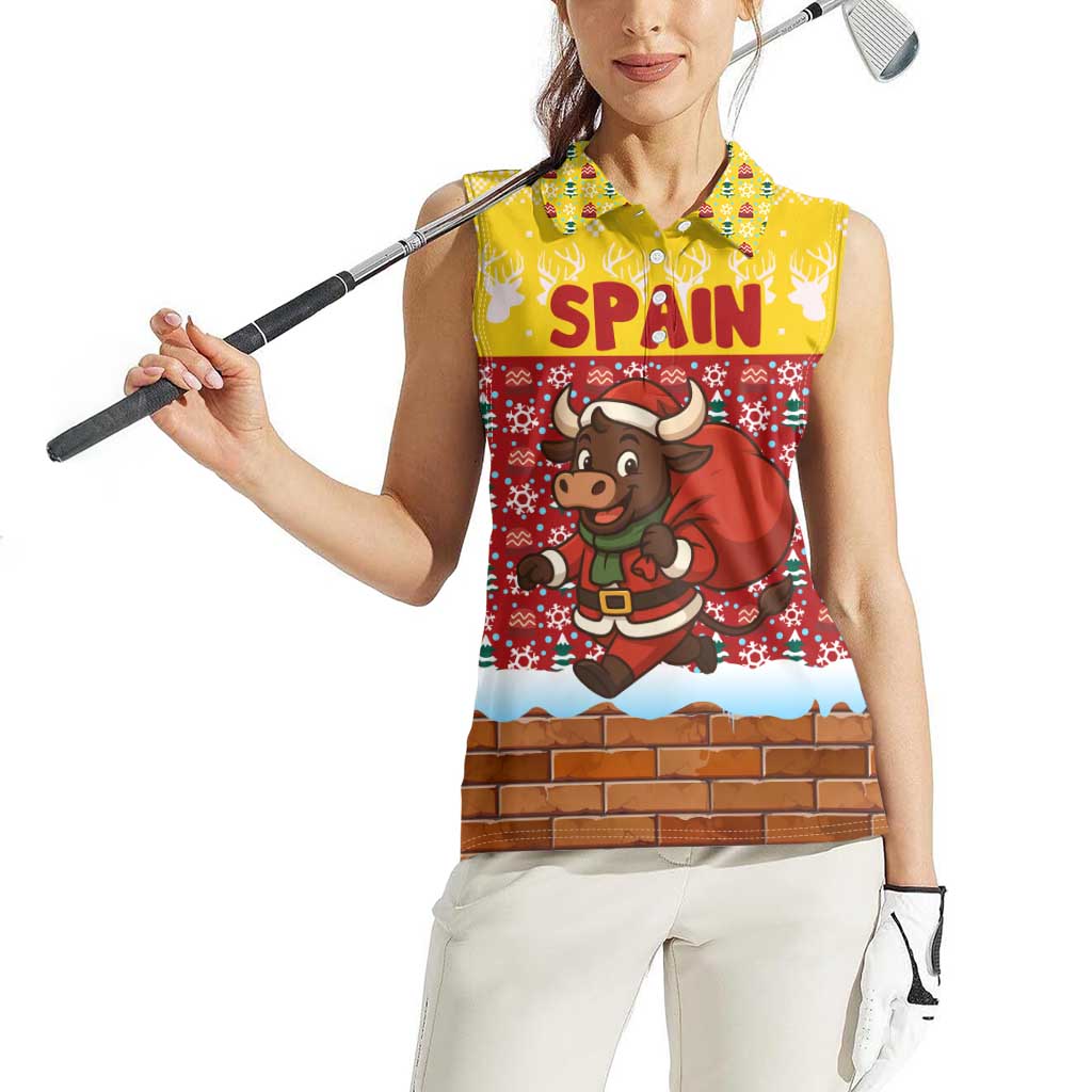 Spain Christmas Women Sleeveless Polo Shirt with Santa Bull Brick Chimney Wreath and Festive Holiday - Wonder Print Shop