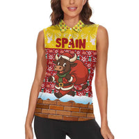 Spain Christmas Women Sleeveless Polo Shirt with Santa Bull Brick Chimney Wreath and Festive Holiday - Wonder Print Shop