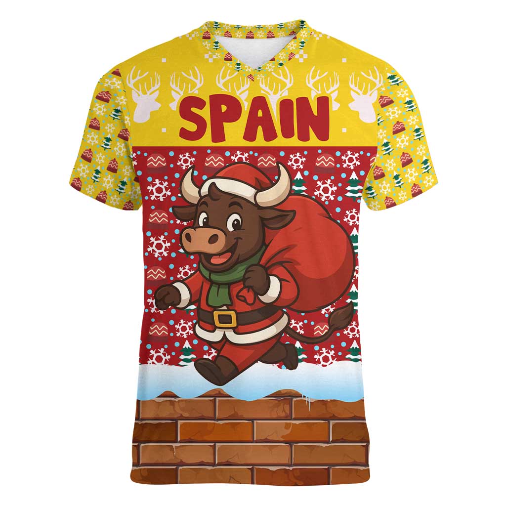 Spain Christmas Women V-Neck T-Shirt with Santa Bull Brick Chimney Wreath and Festive Holiday - Wonder Print Shop