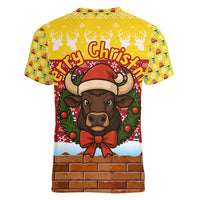 Spain Christmas Women V-Neck T-Shirt with Santa Bull Brick Chimney Wreath and Festive Holiday - Wonder Print Shop