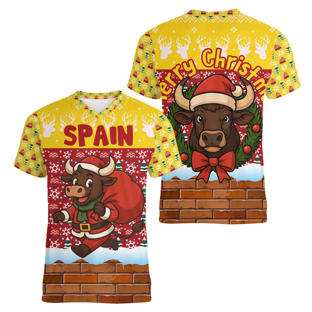 Spain Christmas Women V-Neck T-Shirt with Santa Bull Brick Chimney Wreath and Festive Holiday - Wonder Print Shop