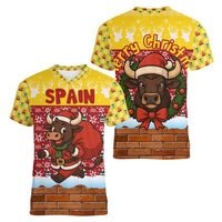 Spain Christmas Women V-Neck T-Shirt with Santa Bull Brick Chimney Wreath and Festive Holiday - Wonder Print Shop