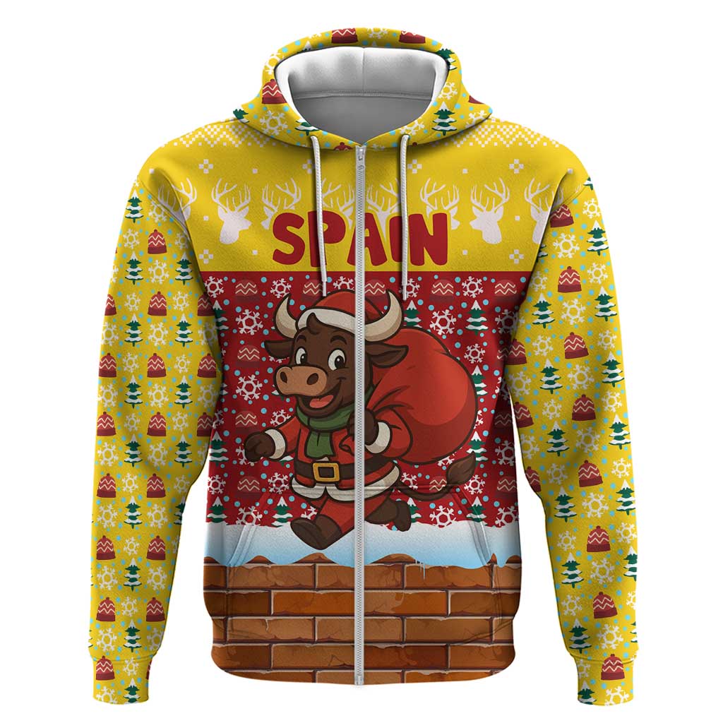 Spain Christmas Zip Hoodie with Santa Bull Brick Chimney Wreath and Festive Holiday - Wonder Print Shop