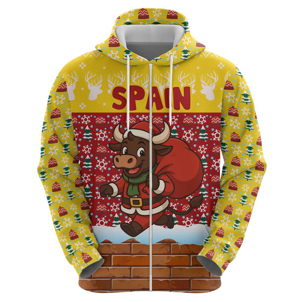 Spain Christmas Zip Hoodie with Santa Bull Brick Chimney Wreath and Festive Holiday - Wonder Print Shop