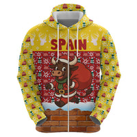 Spain Christmas Zip Hoodie with Santa Bull Brick Chimney Wreath and Festive Holiday - Wonder Print Shop
