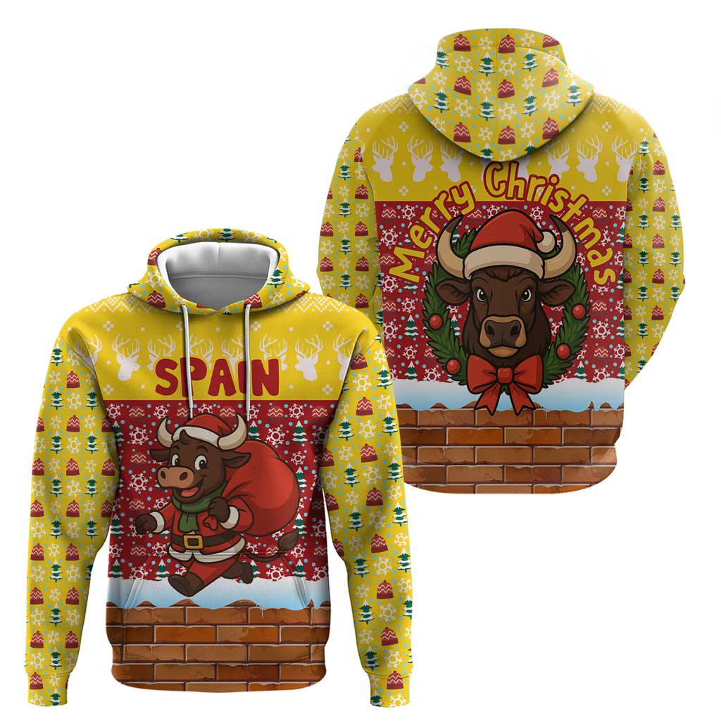 Spain Christmas Zip Hoodie with Santa Bull Brick Chimney Wreath and Festive Holiday - Wonder Print Shop