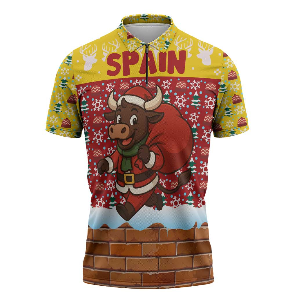 Spain Christmas Zipper Polo Shirt with Santa Bull Brick Chimney Wreath and Festive Holiday - Wonder Print Shop