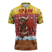 Spain Christmas Zipper Polo Shirt with Santa Bull Brick Chimney Wreath and Festive Holiday - Wonder Print Shop