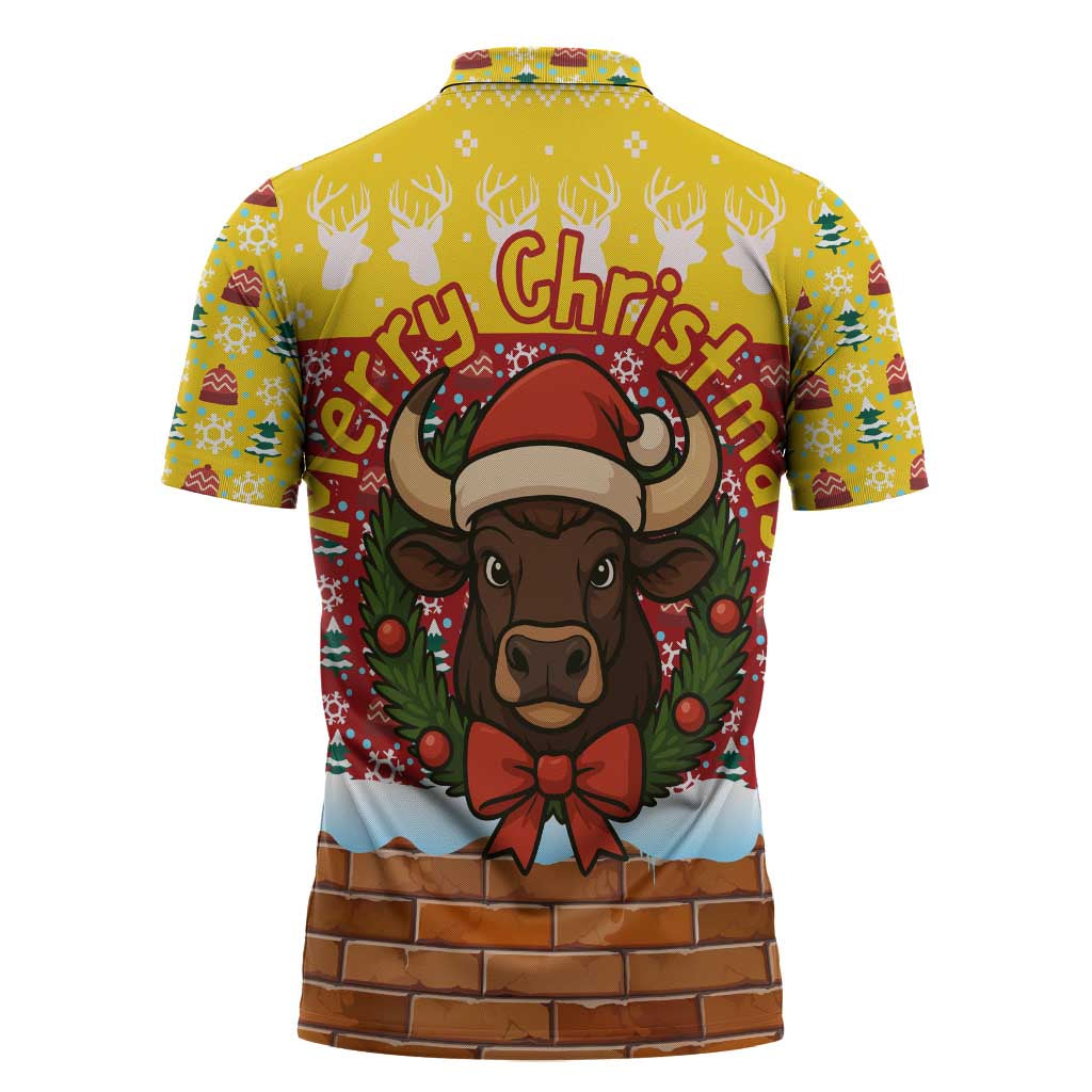 Spain Christmas Zipper Polo Shirt with Santa Bull Brick Chimney Wreath and Festive Holiday - Wonder Print Shop