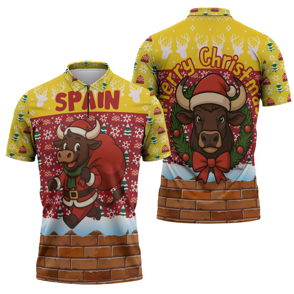 Spain Christmas Zipper Polo Shirt with Santa Bull Brick Chimney Wreath and Festive Holiday - Wonder Print Shop