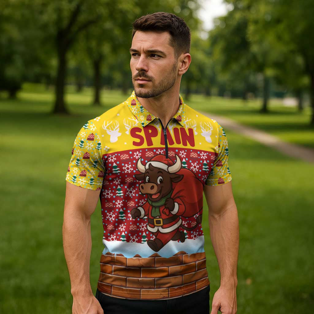Spain Christmas Zipper Polo Shirt with Santa Bull Brick Chimney Wreath and Festive Holiday - Wonder Print Shop