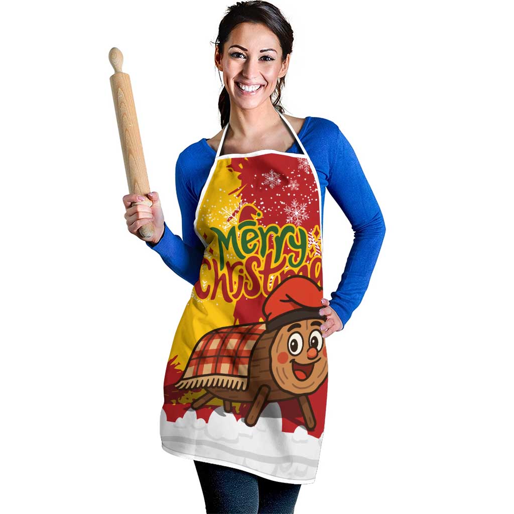 Spain Christmas Apron with Tio de Nadal Log Snowflakes Spanish Flag and Holiday Wreath - Wonder Print Shop