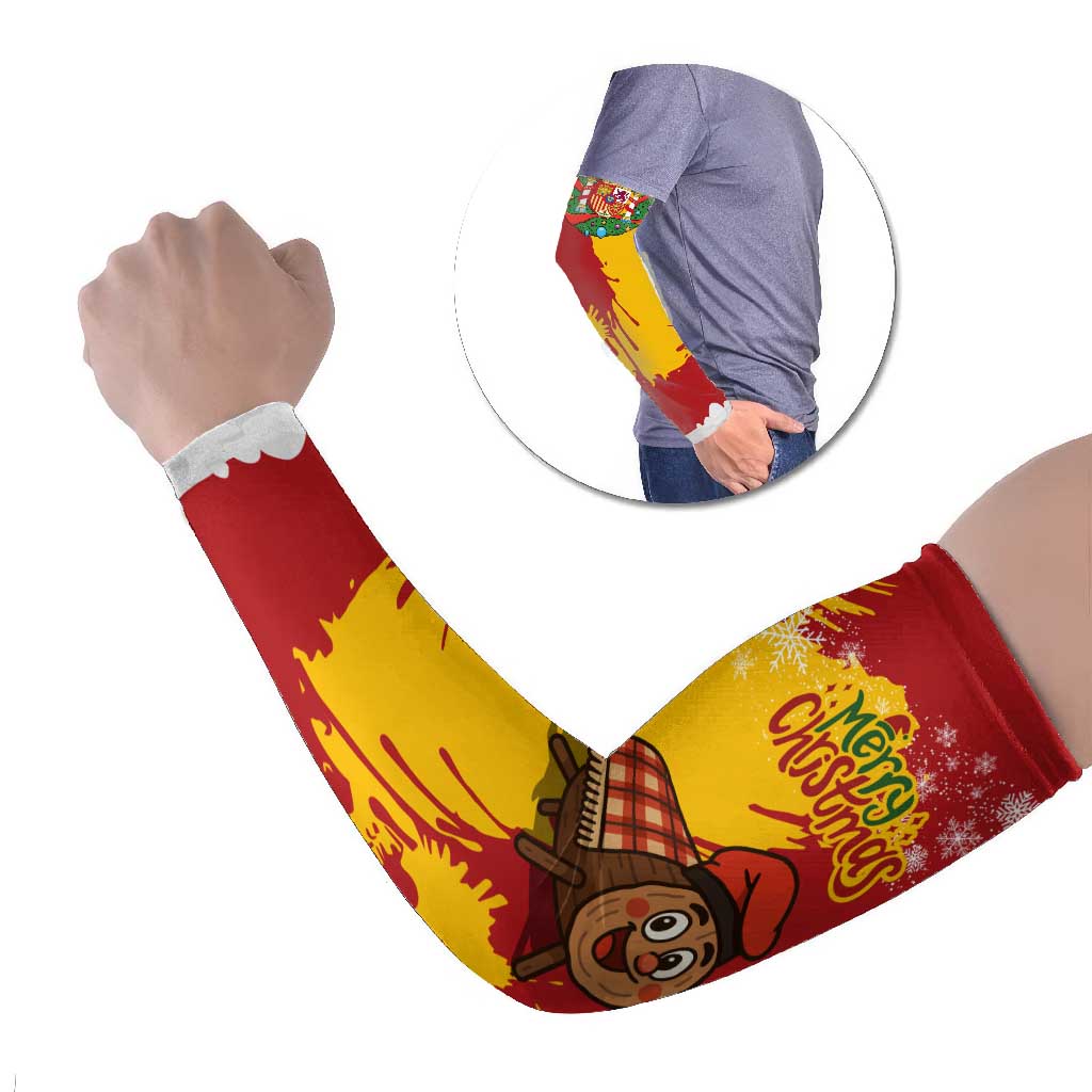 Spain Christmas Arm Sleeves with Tio de Nadal Log Snowflakes Spanish Flag and Holiday Wreath - Wonder Print Shop