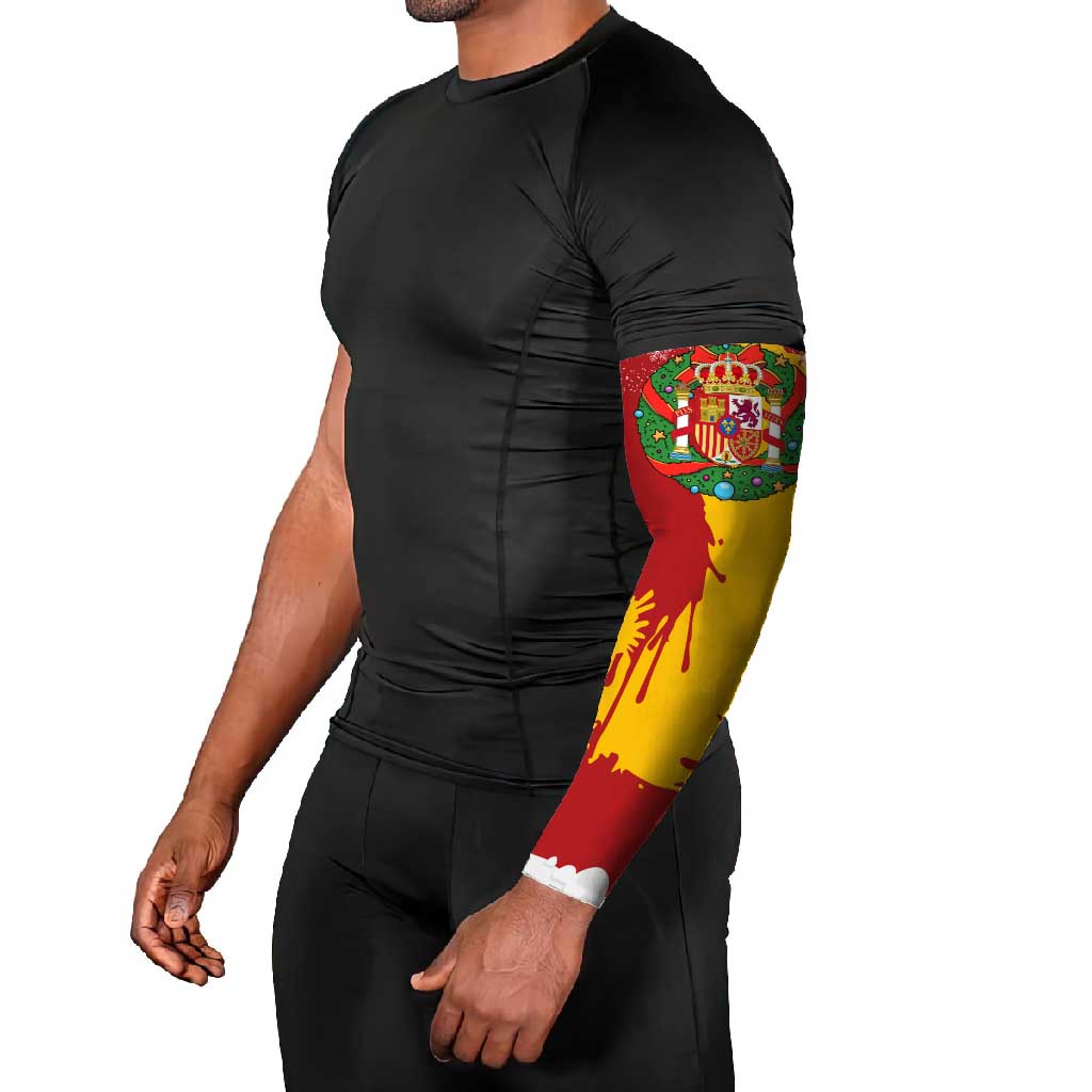 Spain Christmas Arm Sleeves with Tio de Nadal Log Snowflakes Spanish Flag and Holiday Wreath - Wonder Print Shop