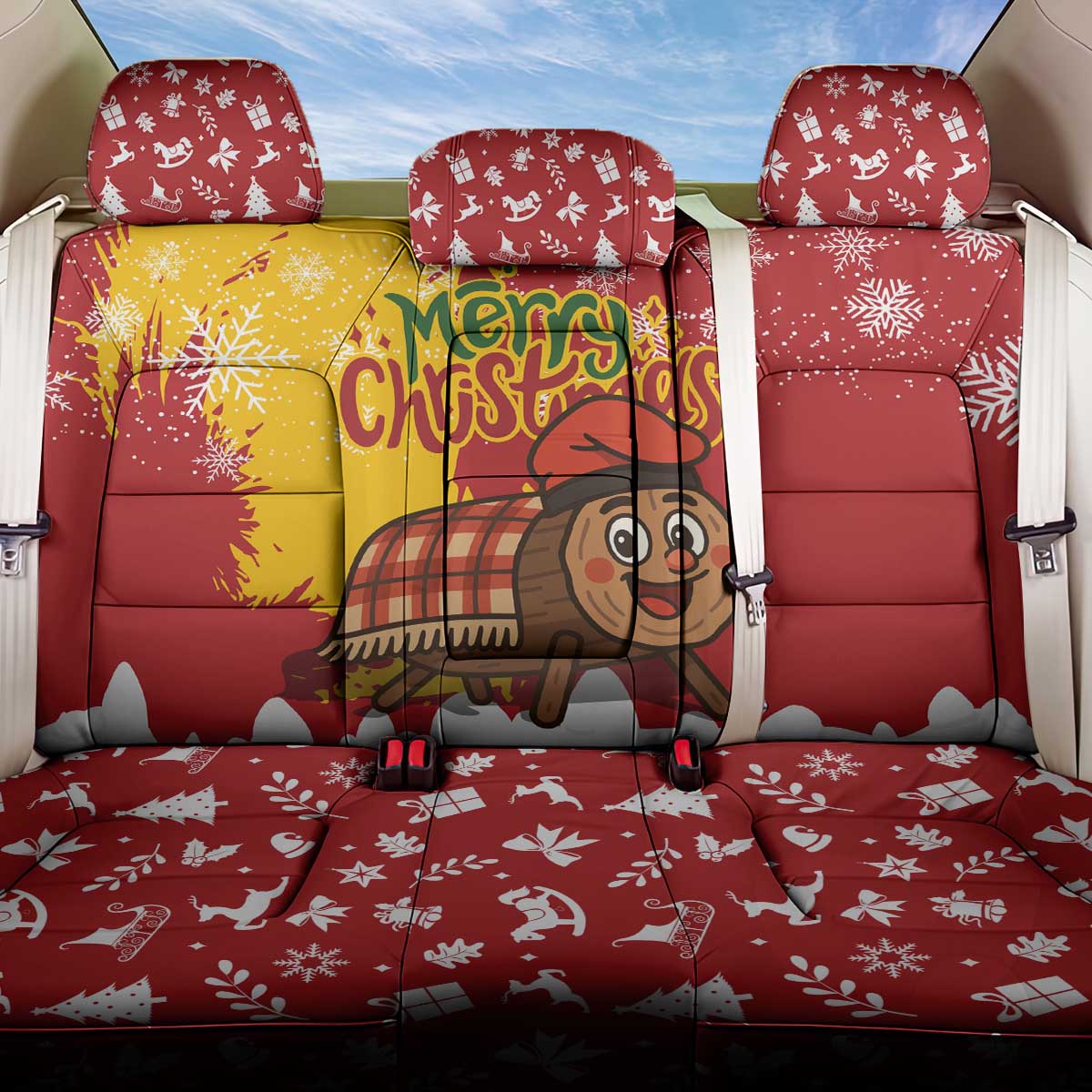 Spain Christmas Back Car Seat Cover with Tio de Nadal Log Snowflakes Spanish Flag and Holiday Wreath - Wonder Print Shop