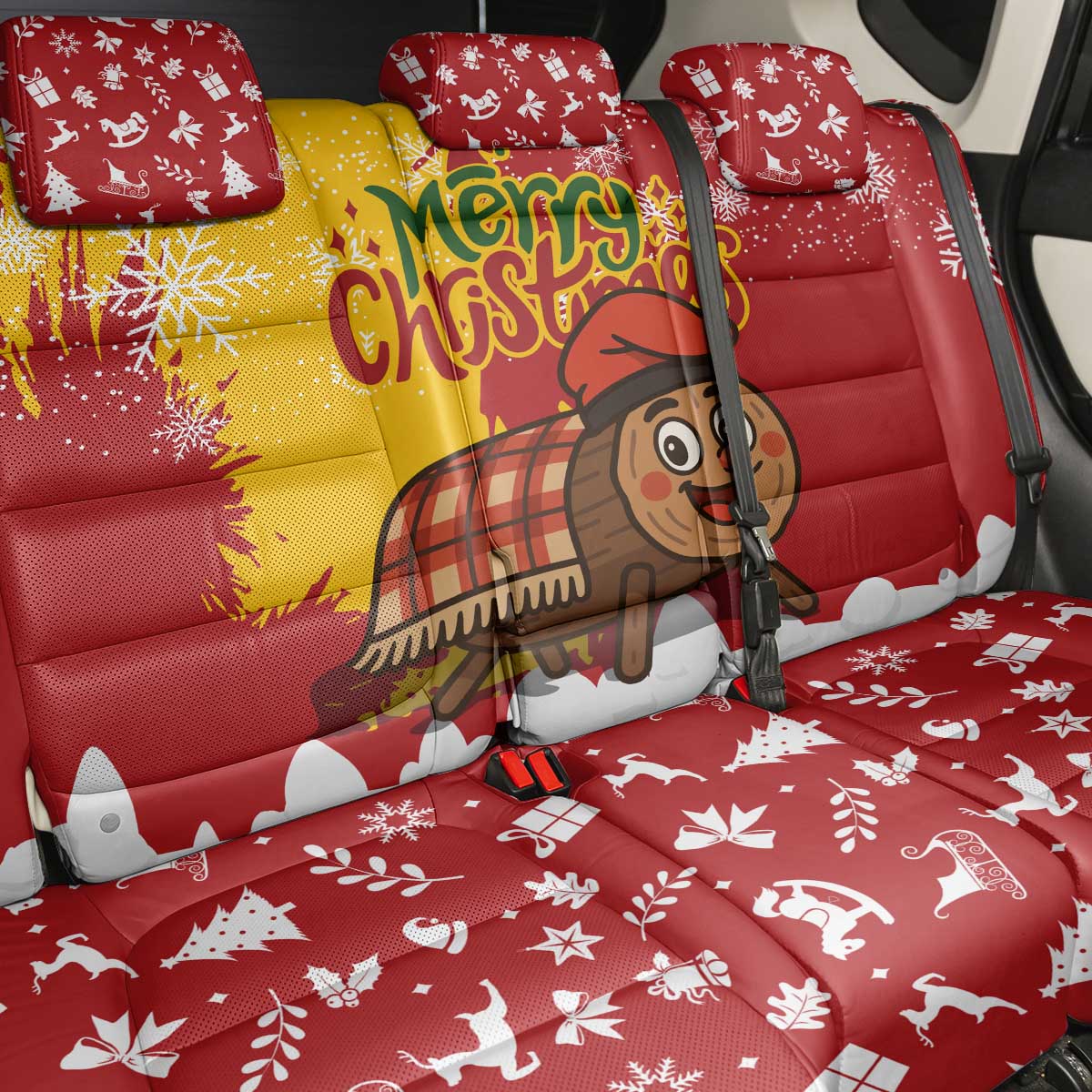Spain Christmas Back Car Seat Cover with Tio de Nadal Log Snowflakes Spanish Flag and Holiday Wreath - Wonder Print Shop