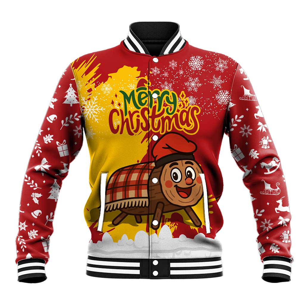 Spain Christmas Baseball Jacket with Tio de Nadal Log Snowflakes Spanish Flag and Holiday Wreath - Wonder Print Shop