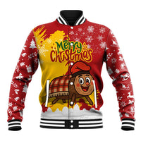 Spain Christmas Baseball Jacket with Tio de Nadal Log Snowflakes Spanish Flag and Holiday Wreath - Wonder Print Shop