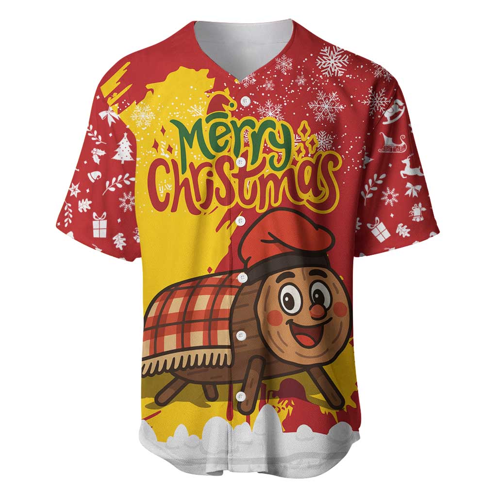 Spain Christmas Baseball Jersey with Tio de Nadal Log Snowflakes Spanish Flag and Holiday Wreath - Wonder Print Shop