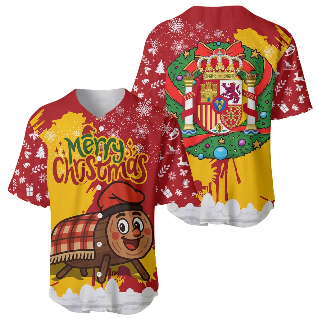Spain Christmas Baseball Jersey with Tio de Nadal Log Snowflakes Spanish Flag and Holiday Wreath - Wonder Print Shop