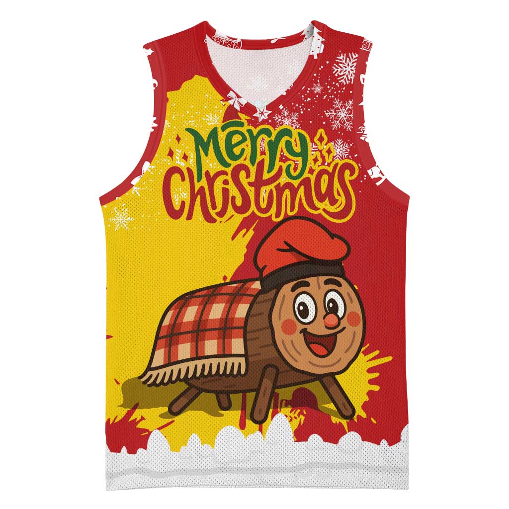 Spain Christmas Basketball Jersey with Tio de Nadal Log Snowflakes Spanish Flag and Holiday Wreath - Wonder Print Shop