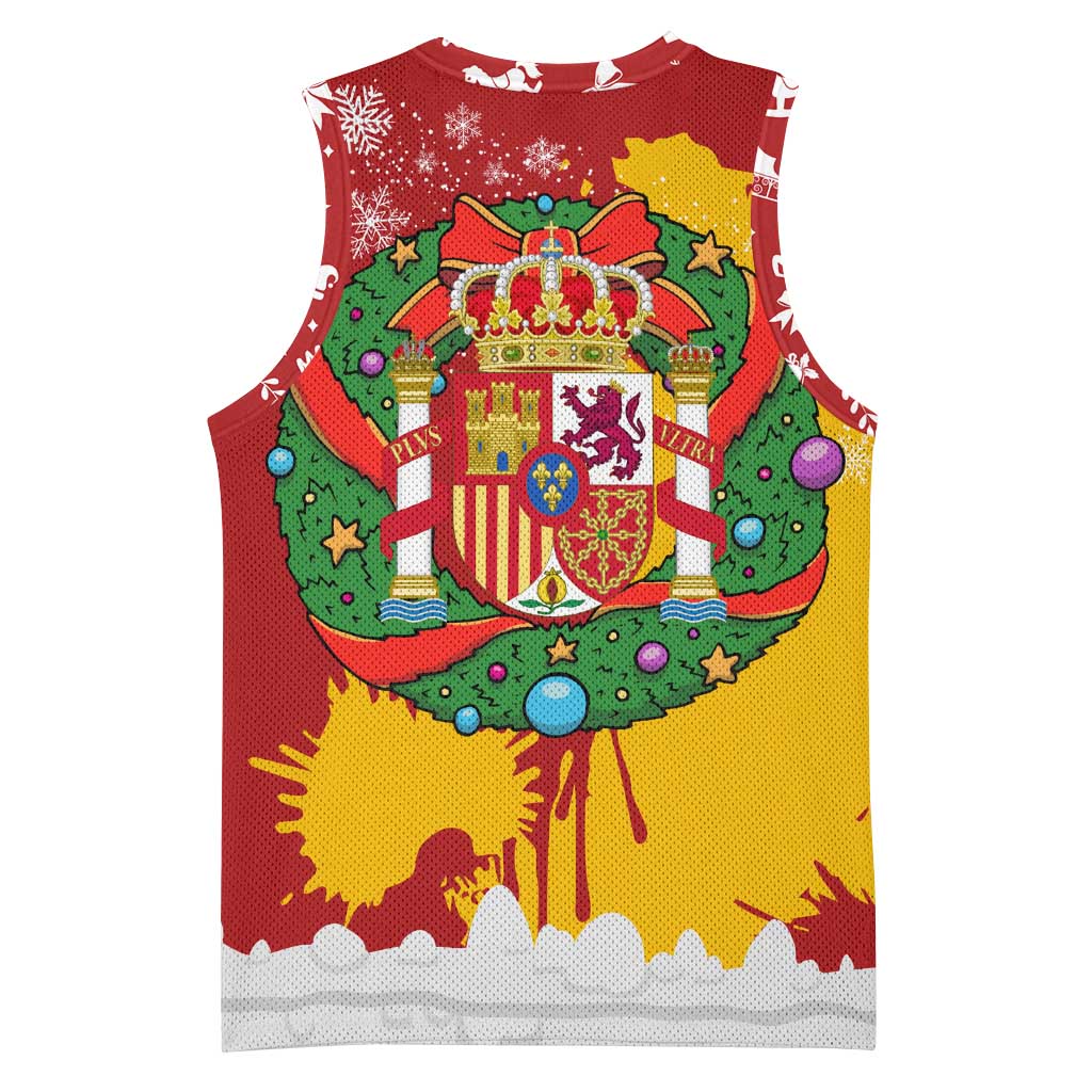Spain Christmas Basketball Jersey with Tio de Nadal Log Snowflakes Spanish Flag and Holiday Wreath - Wonder Print Shop