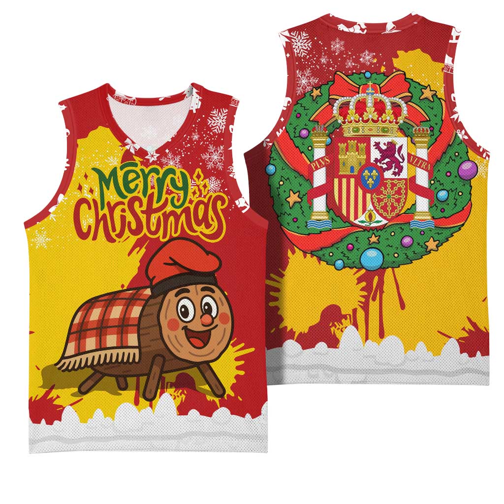 Spain Christmas Basketball Jersey with Tio de Nadal Log Snowflakes Spanish Flag and Holiday Wreath - Wonder Print Shop