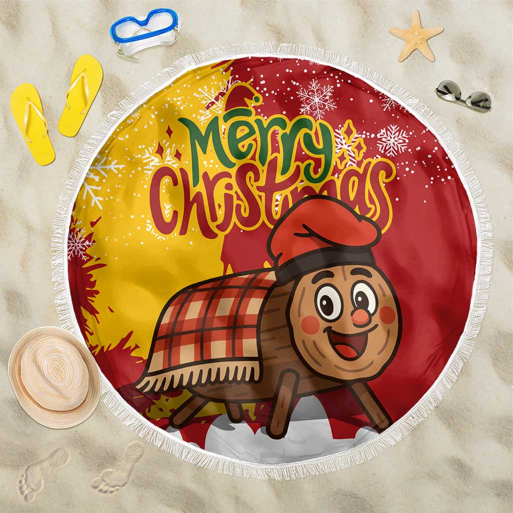 Spain Christmas Beach Blanket with Tio de Nadal Log Snowflakes Spanish Flag and Holiday Wreath - Wonder Print Shop