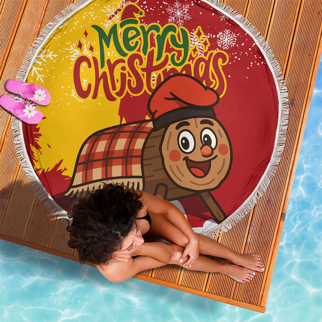 Spain Christmas Beach Blanket with Tio de Nadal Log Snowflakes Spanish Flag and Holiday Wreath - Wonder Print Shop