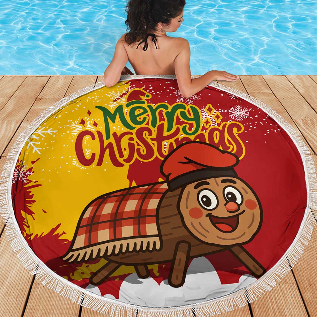 Spain Christmas Beach Blanket with Tio de Nadal Log Snowflakes Spanish Flag and Holiday Wreath - Wonder Print Shop