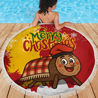 Spain Christmas Beach Blanket with Tio de Nadal Log Snowflakes Spanish Flag and Holiday Wreath - Wonder Print Shop