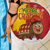 Spain Christmas Beach Blanket with Tio de Nadal Log Snowflakes Spanish Flag and Holiday Wreath - Wonder Print Shop