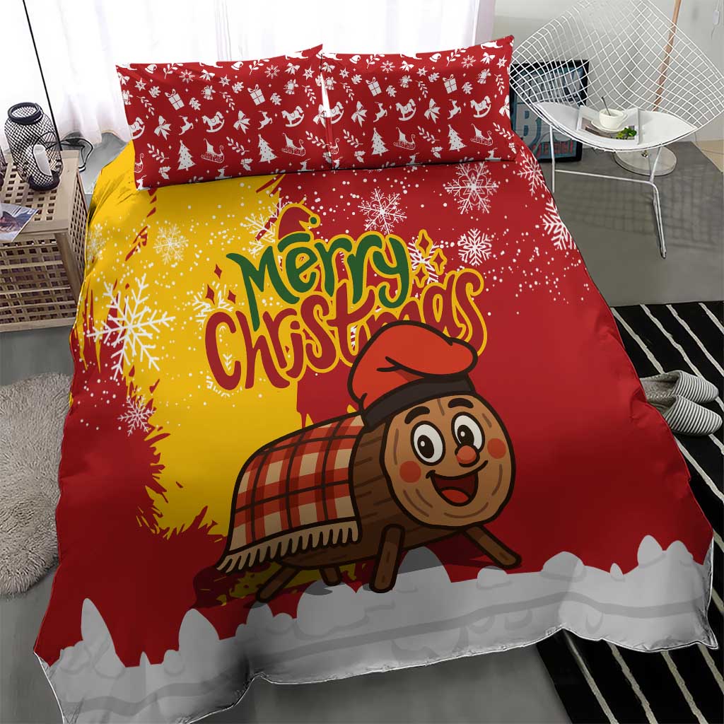 Spain Christmas Bedding Set with Tio de Nadal Log Snowflakes Spanish Flag and Holiday Wreath - Wonder Print Shop