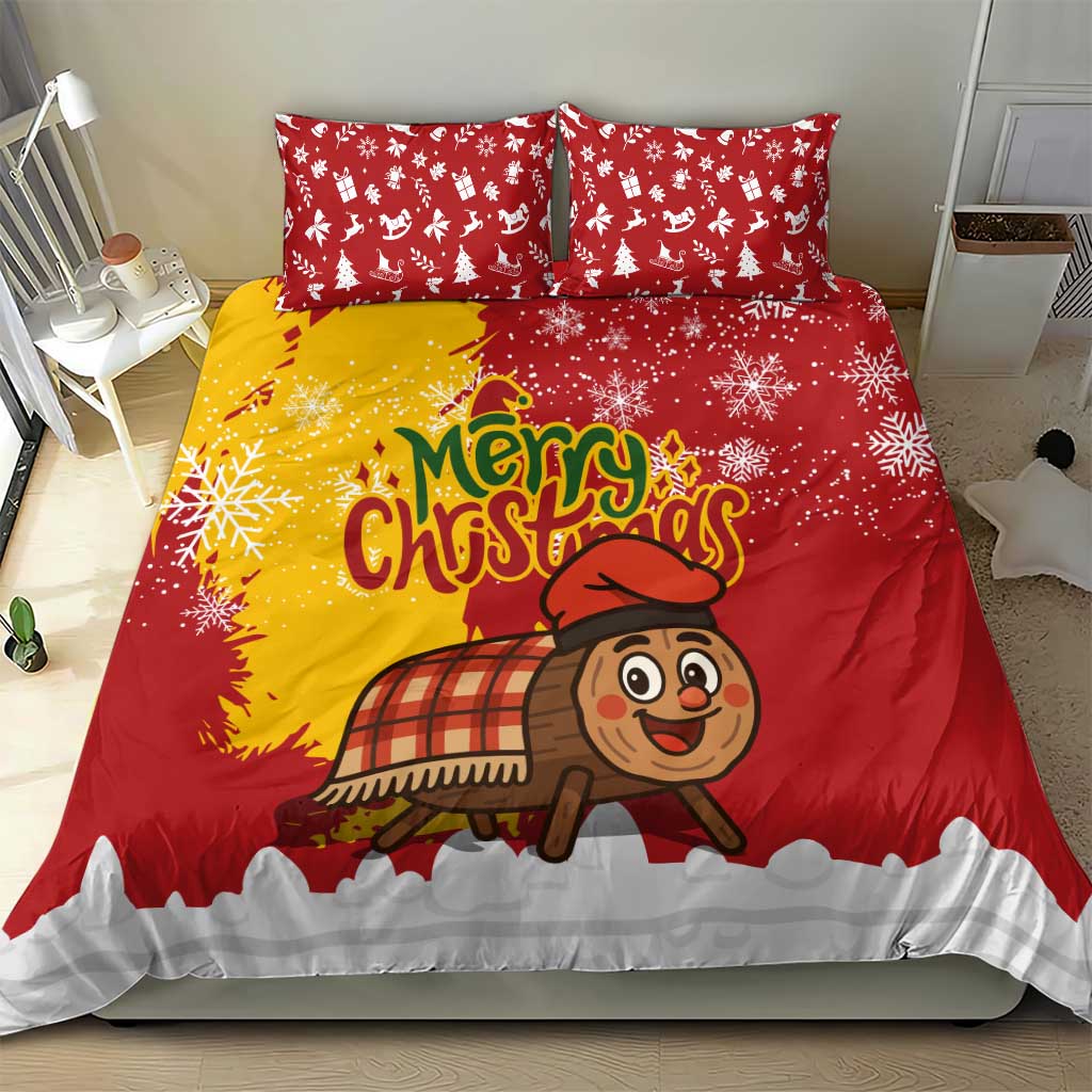 Spain Christmas Bedding Set with Tio de Nadal Log Snowflakes Spanish Flag and Holiday Wreath - Wonder Print Shop