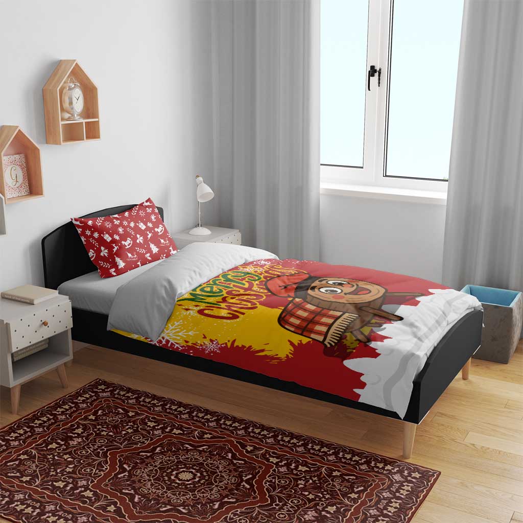 Spain Christmas Bedding Set with Tio de Nadal Log Snowflakes Spanish Flag and Holiday Wreath - Wonder Print Shop