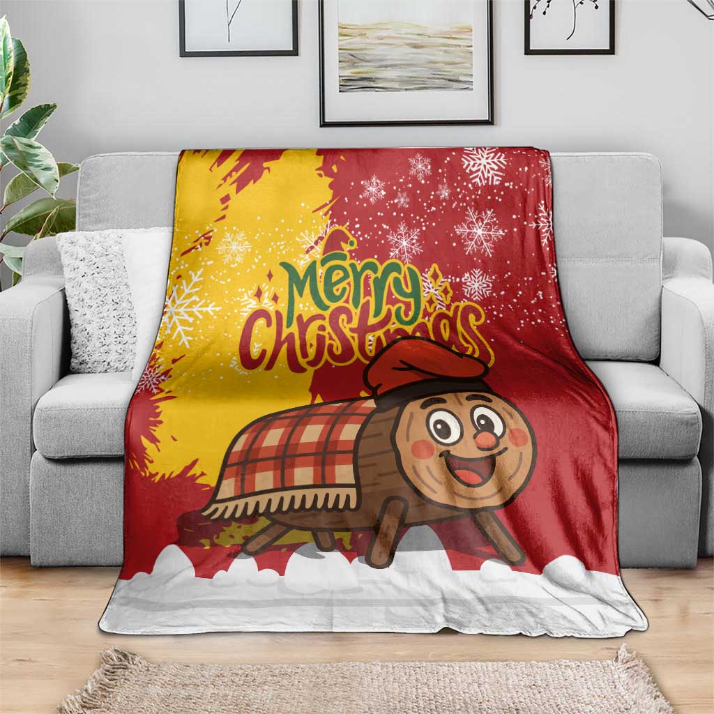 Spain Christmas Blanket with Tio de Nadal Log Snowflakes Spanish Flag and Holiday Wreath - Wonder Print Shop