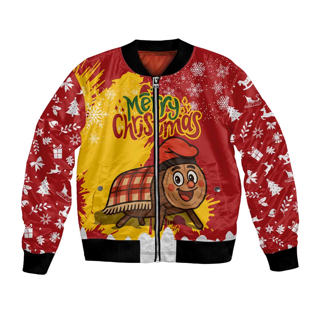 Spain Christmas Bomber Jacket with Tio de Nadal Log Snowflakes Spanish Flag and Holiday Wreath - Wonder Print Shop
