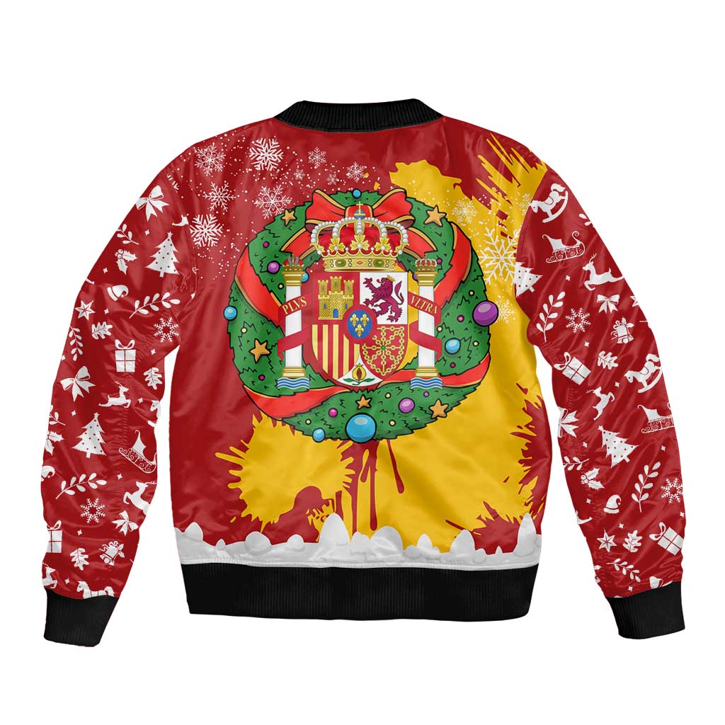 Spain Christmas Bomber Jacket with Tio de Nadal Log Snowflakes Spanish Flag and Holiday Wreath - Wonder Print Shop