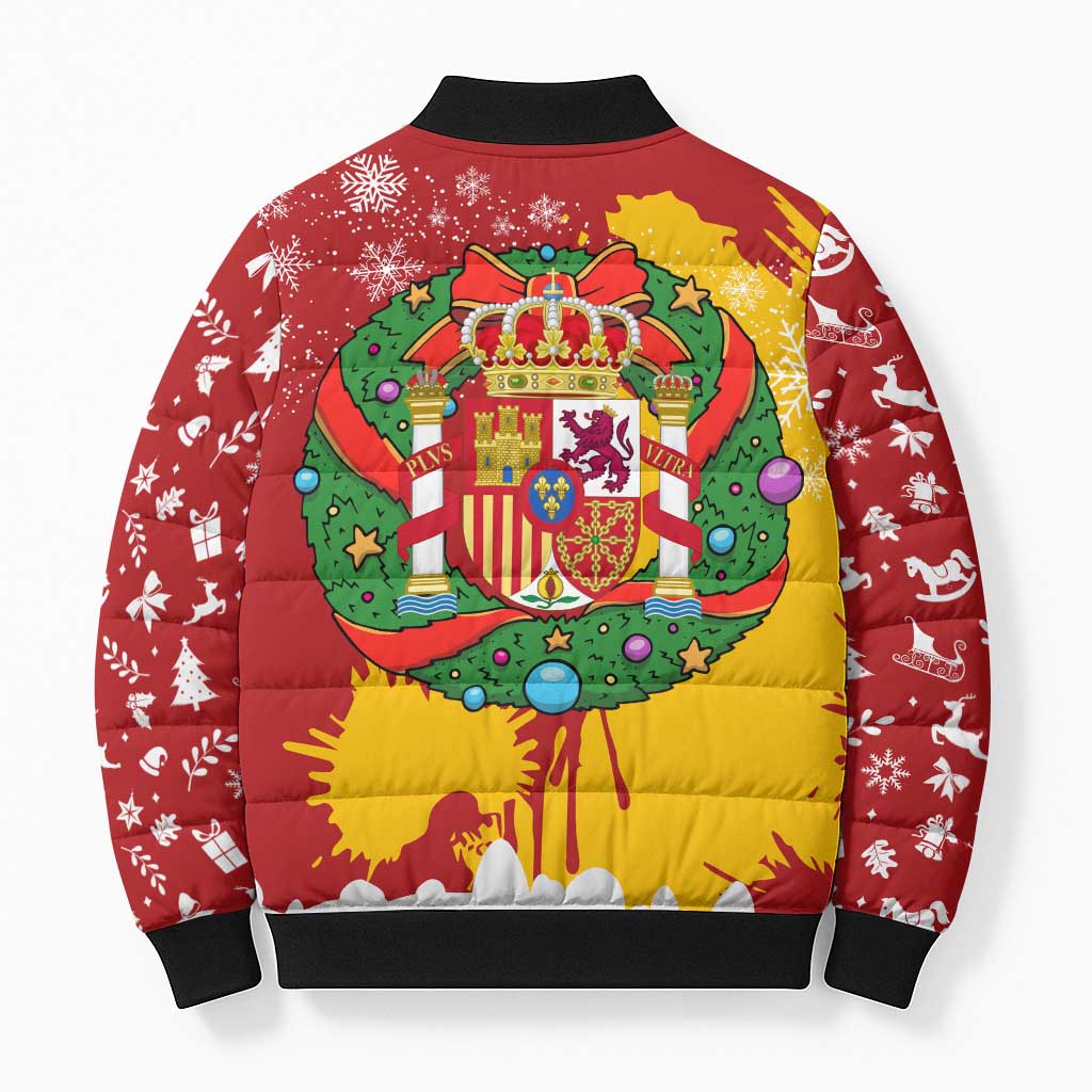 Spain Christmas Bomber Puffer Jacket with Tio de Nadal Log Snowflakes Spanish Flag and Holiday Wreath - Wonder Print Shop