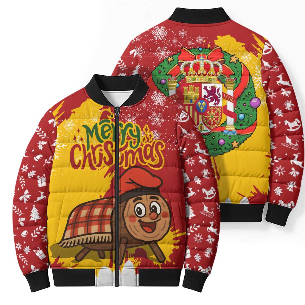 Spain Christmas Bomber Puffer Jacket with Tio de Nadal Log Snowflakes Spanish Flag and Holiday Wreath - Wonder Print Shop