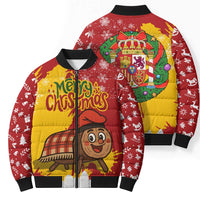 Spain Christmas Bomber Puffer Jacket with Tio de Nadal Log Snowflakes Spanish Flag and Holiday Wreath - Wonder Print Shop