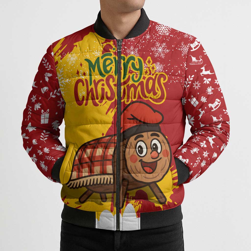 Spain Christmas Bomber Puffer Jacket with Tio de Nadal Log Snowflakes Spanish Flag and Holiday Wreath - Wonder Print Shop