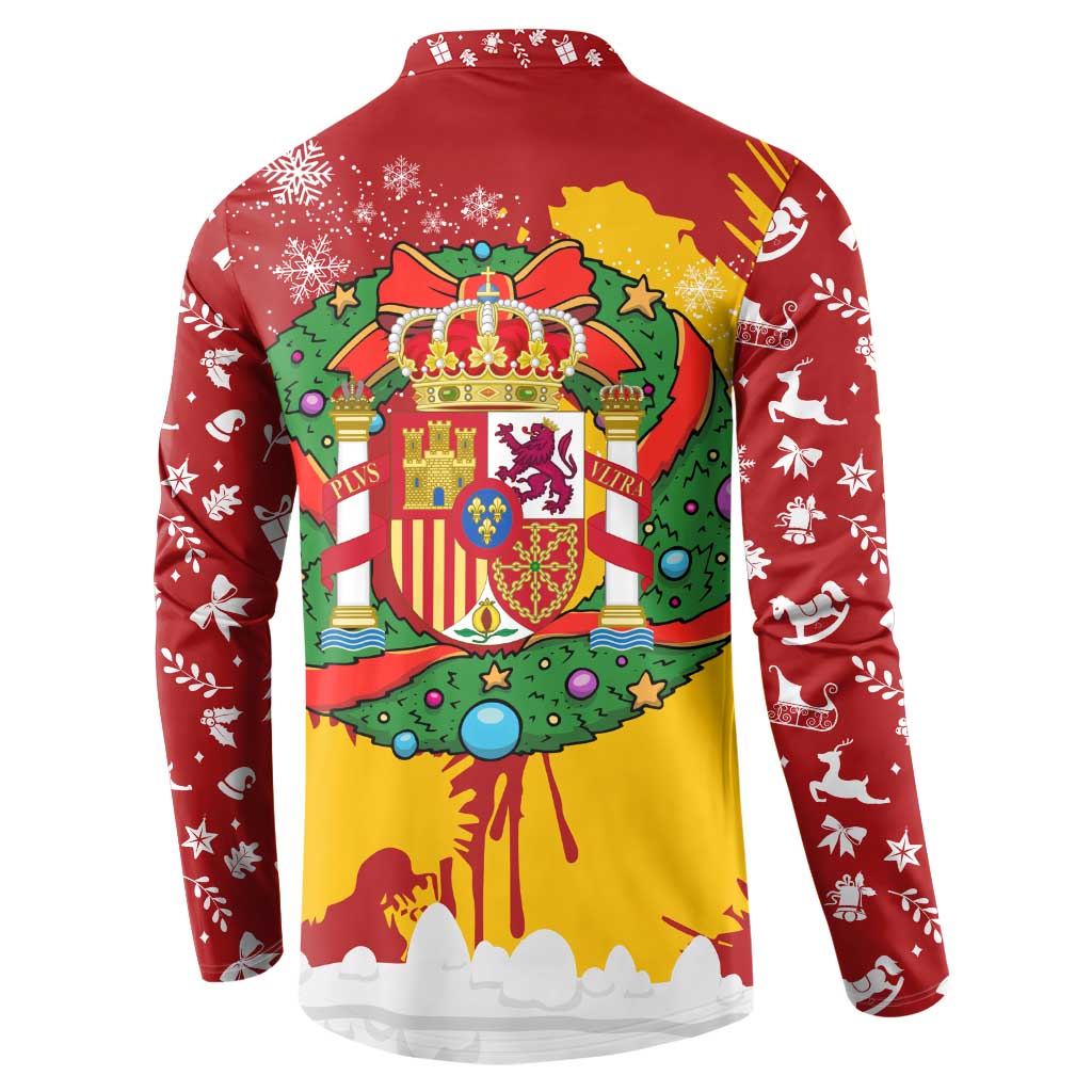 Spain Christmas Button Sweatshirt with Tio de Nadal Log Snowflakes Spanish Flag and Holiday Wreath - Wonder Print Shop