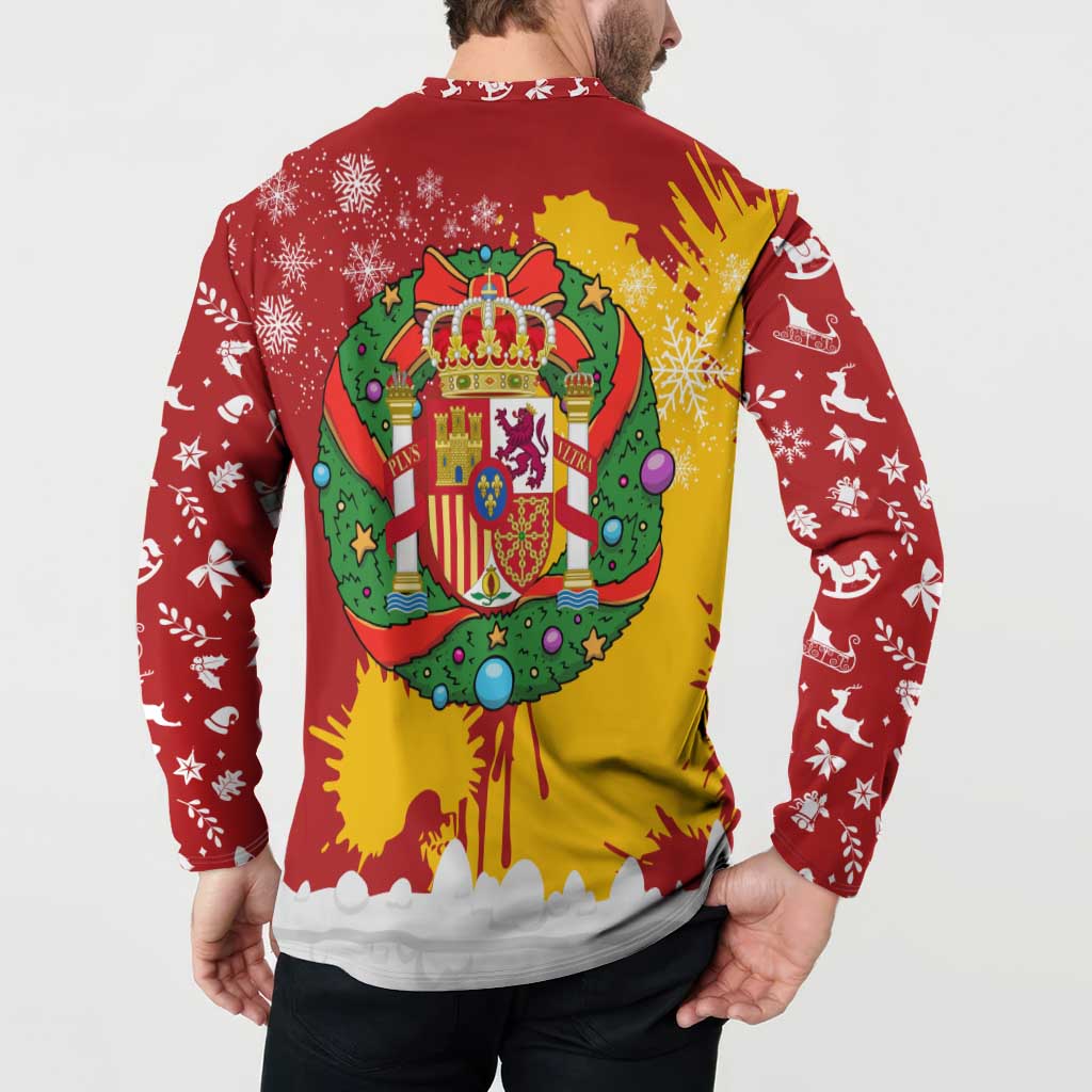 Spain Christmas Button Sweatshirt with Tio de Nadal Log Snowflakes Spanish Flag and Holiday Wreath - Wonder Print Shop