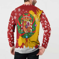 Spain Christmas Button Sweatshirt with Tio de Nadal Log Snowflakes Spanish Flag and Holiday Wreath - Wonder Print Shop