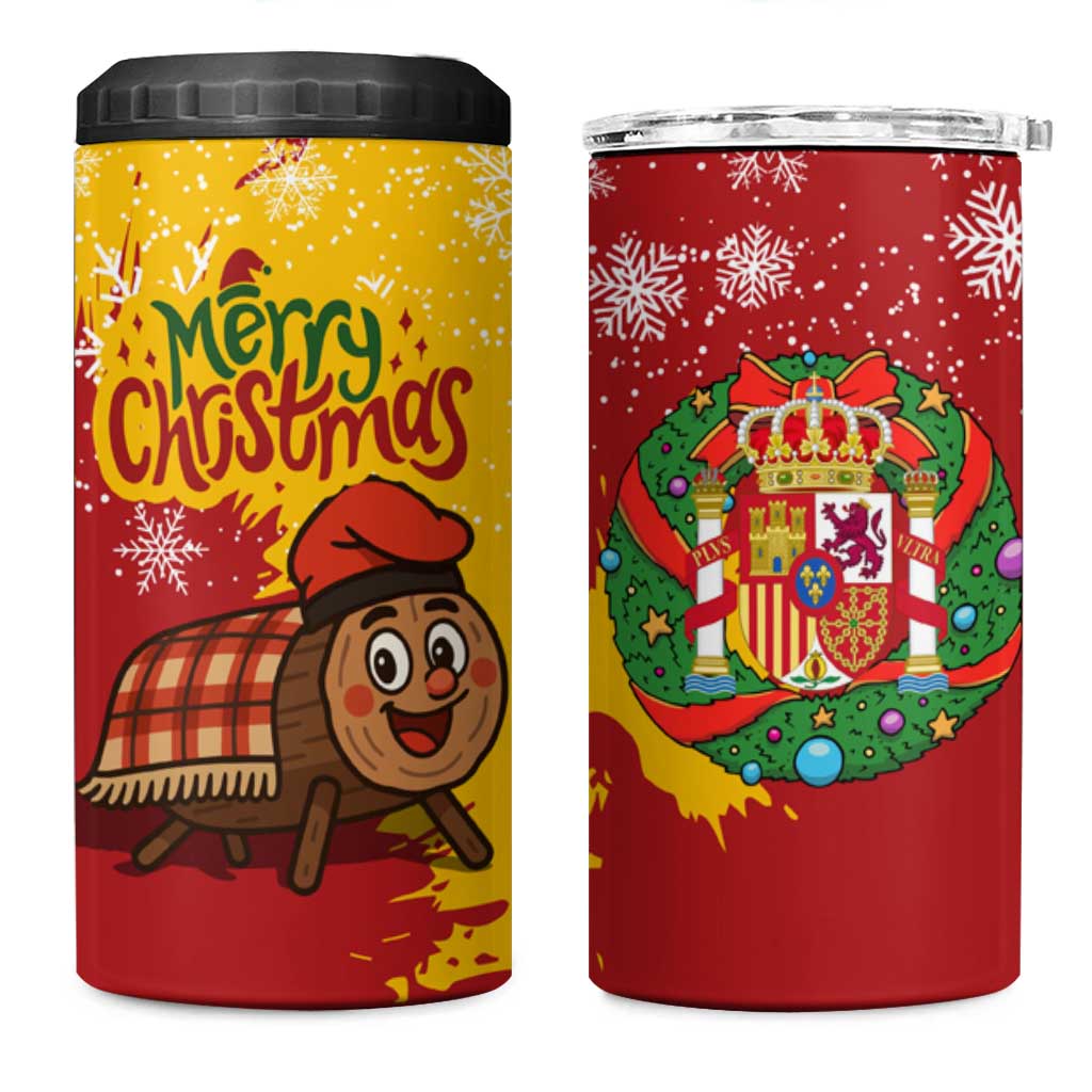 Spain Christmas 4 in 1 Can Cooler Tumbler with Tio de Nadal Log Snowflakes Spanish Flag and Holiday Wreath - Wonder Print Shop
