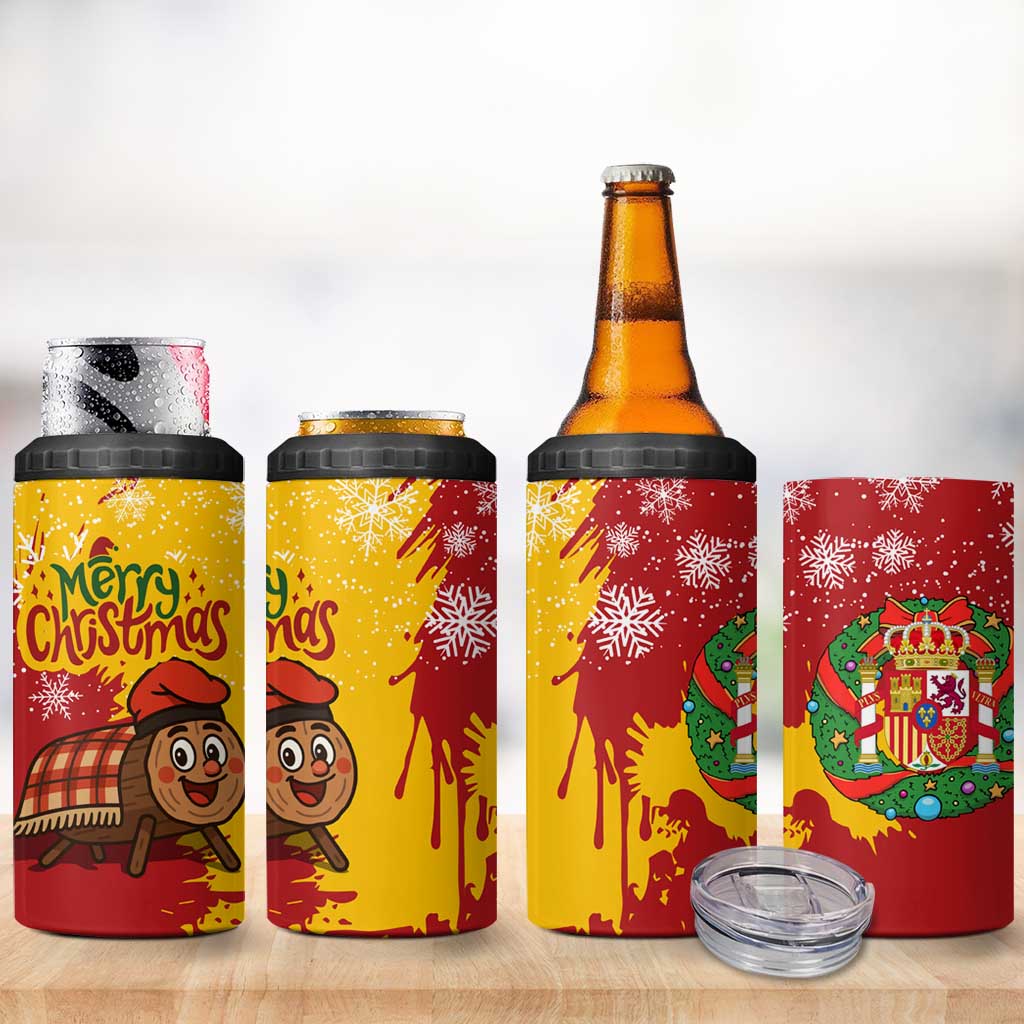 Spain Christmas 4 in 1 Can Cooler Tumbler with Tio de Nadal Log Snowflakes Spanish Flag and Holiday Wreath - Wonder Print Shop
