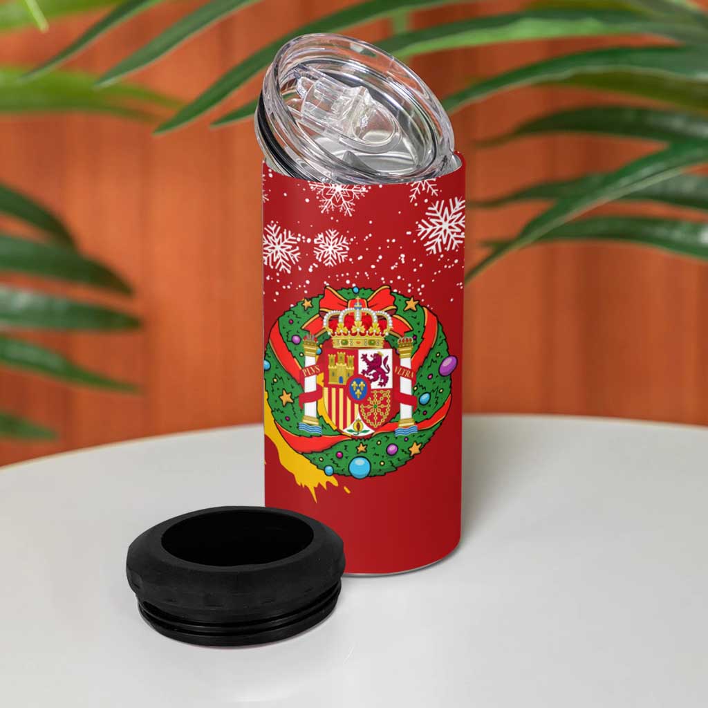 Spain Christmas 4 in 1 Can Cooler Tumbler with Tio de Nadal Log Snowflakes Spanish Flag and Holiday Wreath - Wonder Print Shop